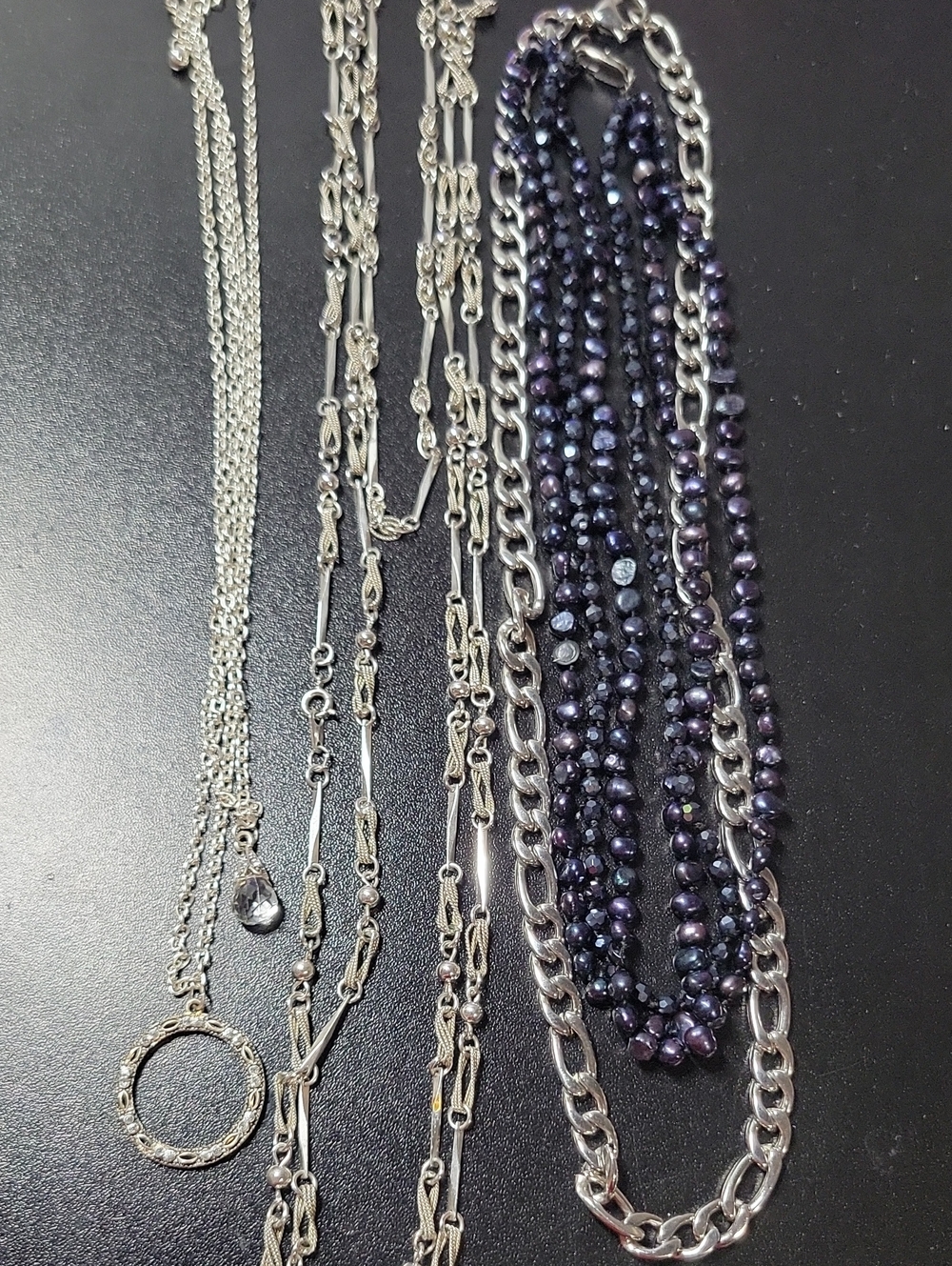 Silver Tone Chain Necklaces Lot with Dark Purple Bead Accent